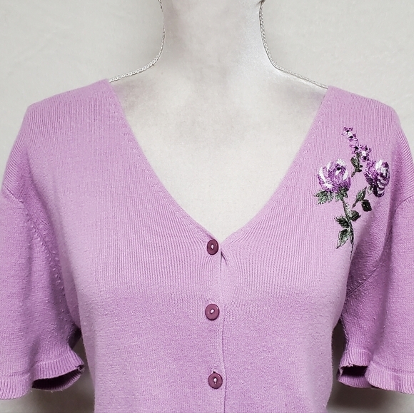 Y2K Vintage R&K Originals Lilac Floral Embroidered Cropped Ruffle V-neck Top 16 - Picture 4 of 14